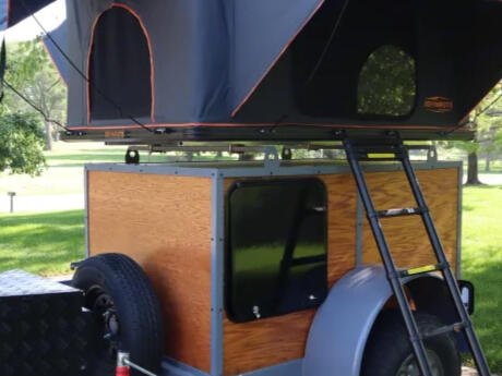 Adventure Planning Tools Woody overlanding trailer with rooftop tent available to rent in Cedar Falls, Iowa